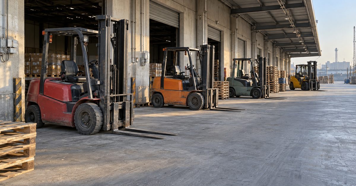 Red, orange, grey-green and yellow forklifts parked at the loading bays of a long warehouse