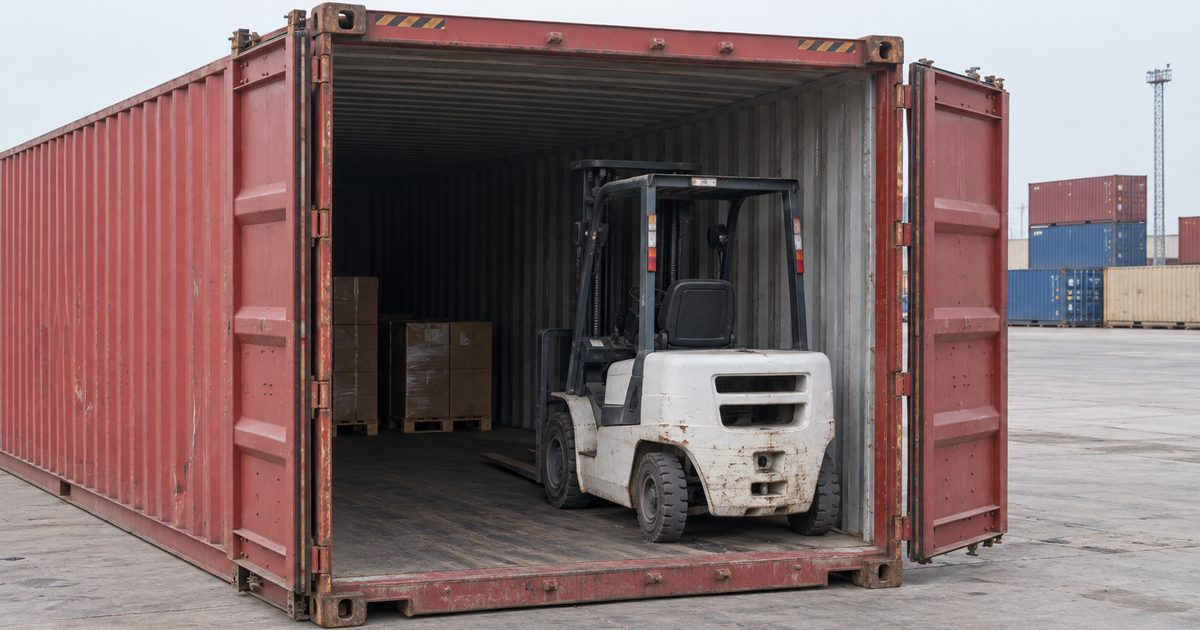 White forklift parked inside the open doorway of a red shipping container, cartons stacked beyond