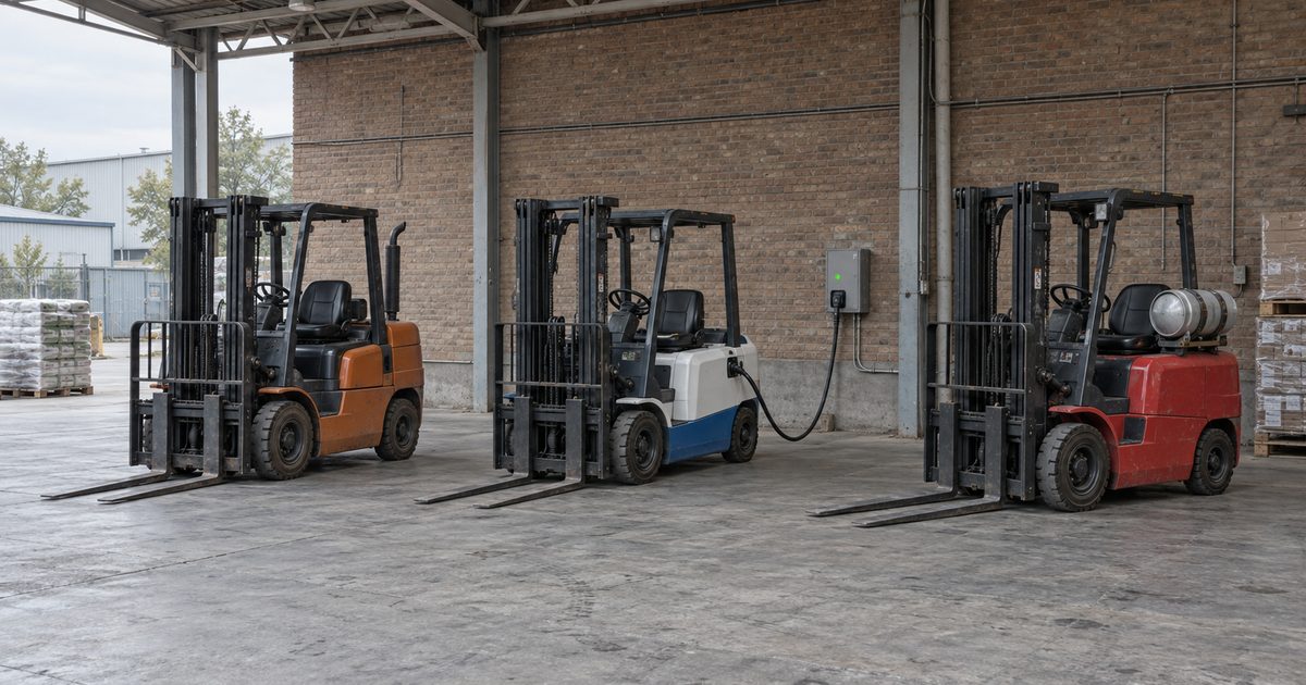 Orange diesel, white and blue electric on charge, and red LPG forklifts in a brick shed