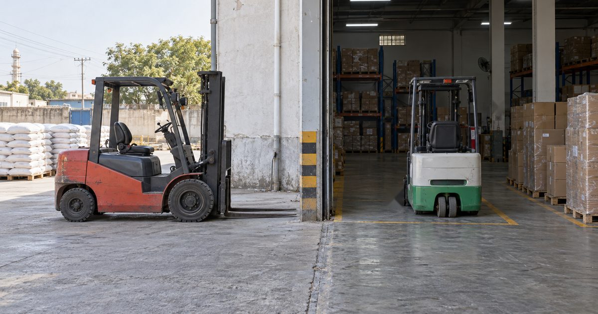 Red forklift parked outside a warehouse doorway, a small white and green electric forklift inside