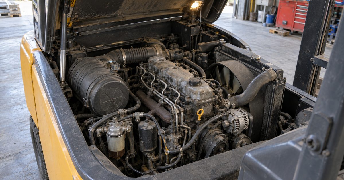 Open engine bay of a used yellow diesel forklift showing a worn four-cylinder engine and radiator