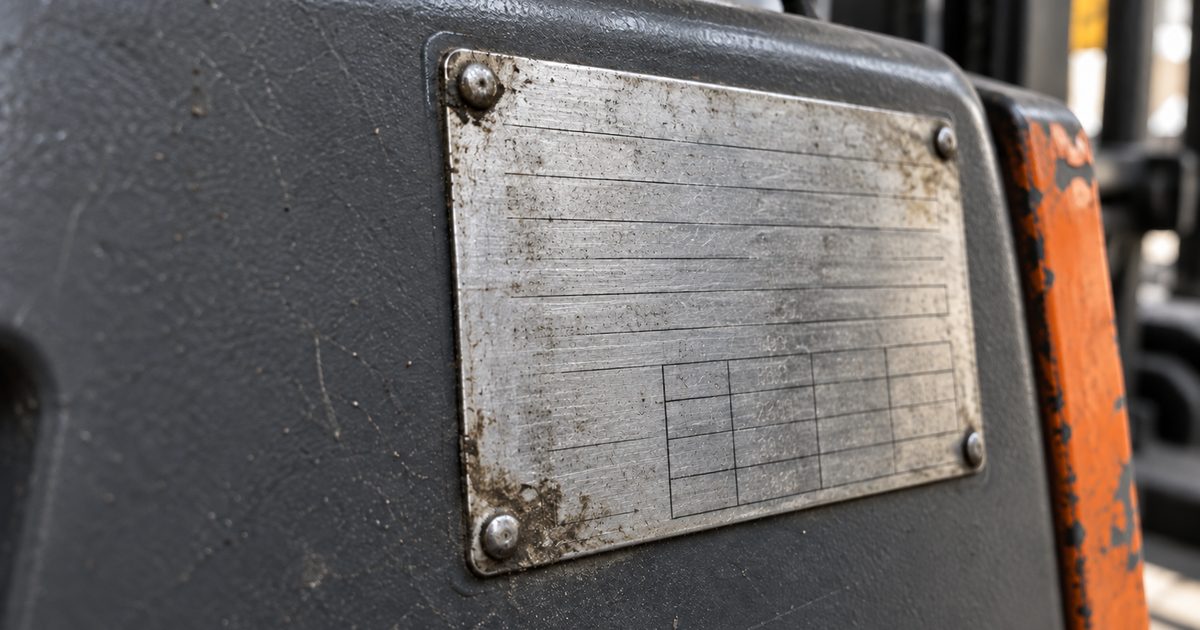 Worn, unreadable aluminium data plate riveted to the grey panel of a used forklift