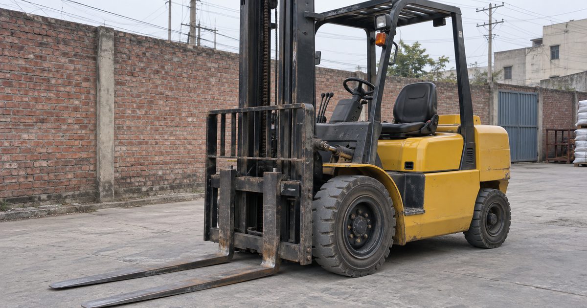 Yellow forklift parked with forks flat on the concrete in a walled factory yard