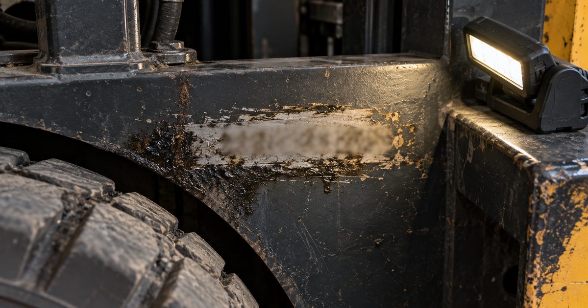 Stamped serial number on a scraped, greasy forklift frame, lit by a small work lamp