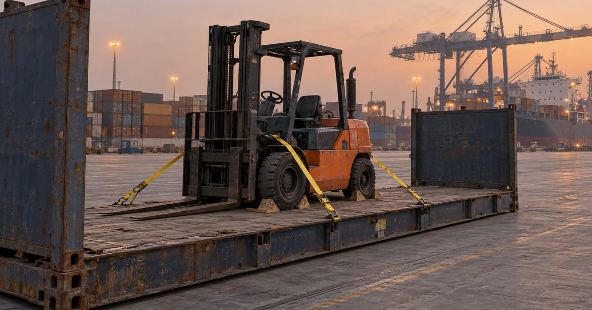 Orange forklift strapped and chocked on a flat-rack container at a port at dusk