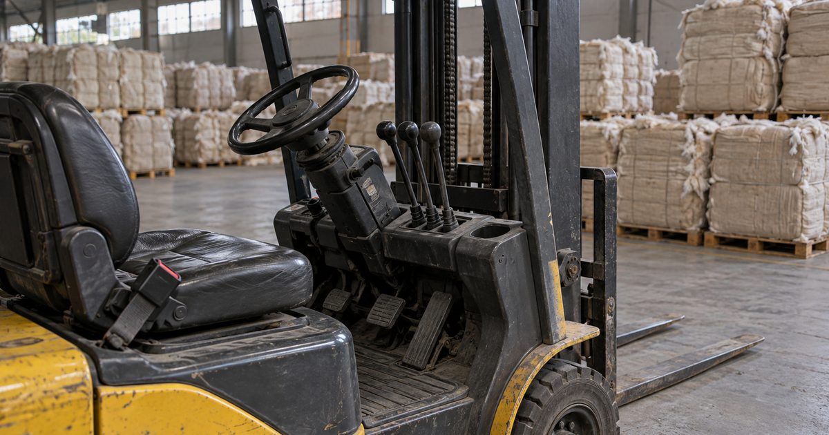 Empty operator seat, steering wheel and control levers of a parked forklift in a bale warehouse
