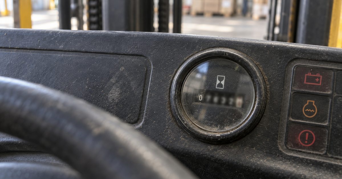 Close-up of a dusty mechanical hour meter on a worn forklift dashboard beside three warning lights