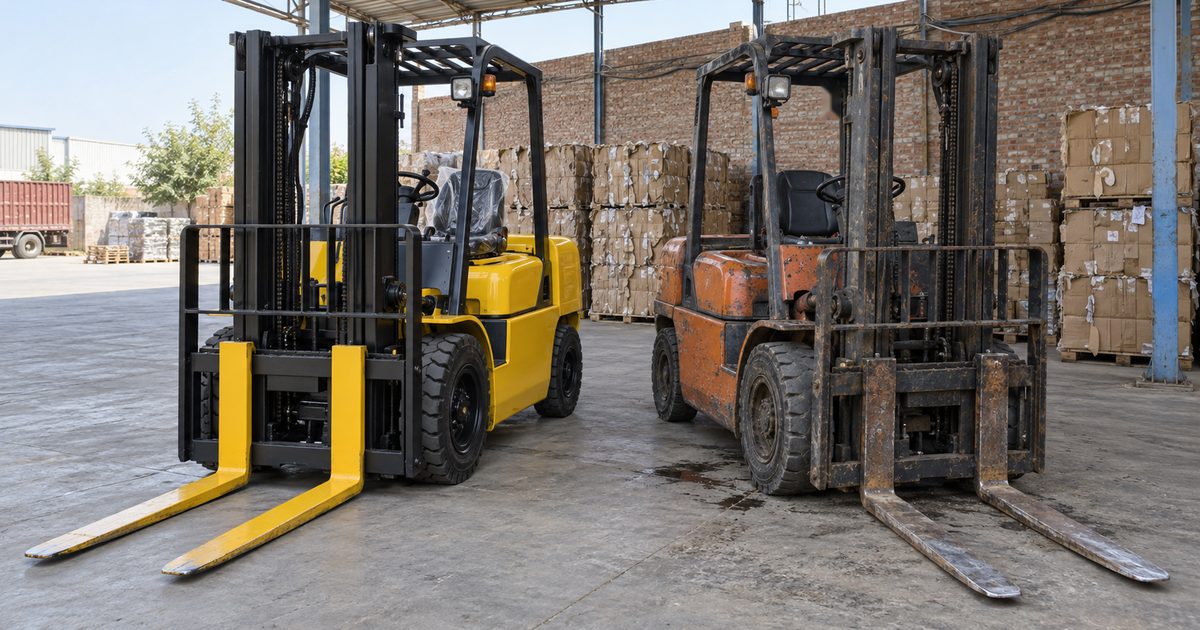 A new yellow forklift and a worn orange forklift parked side by side under a shed