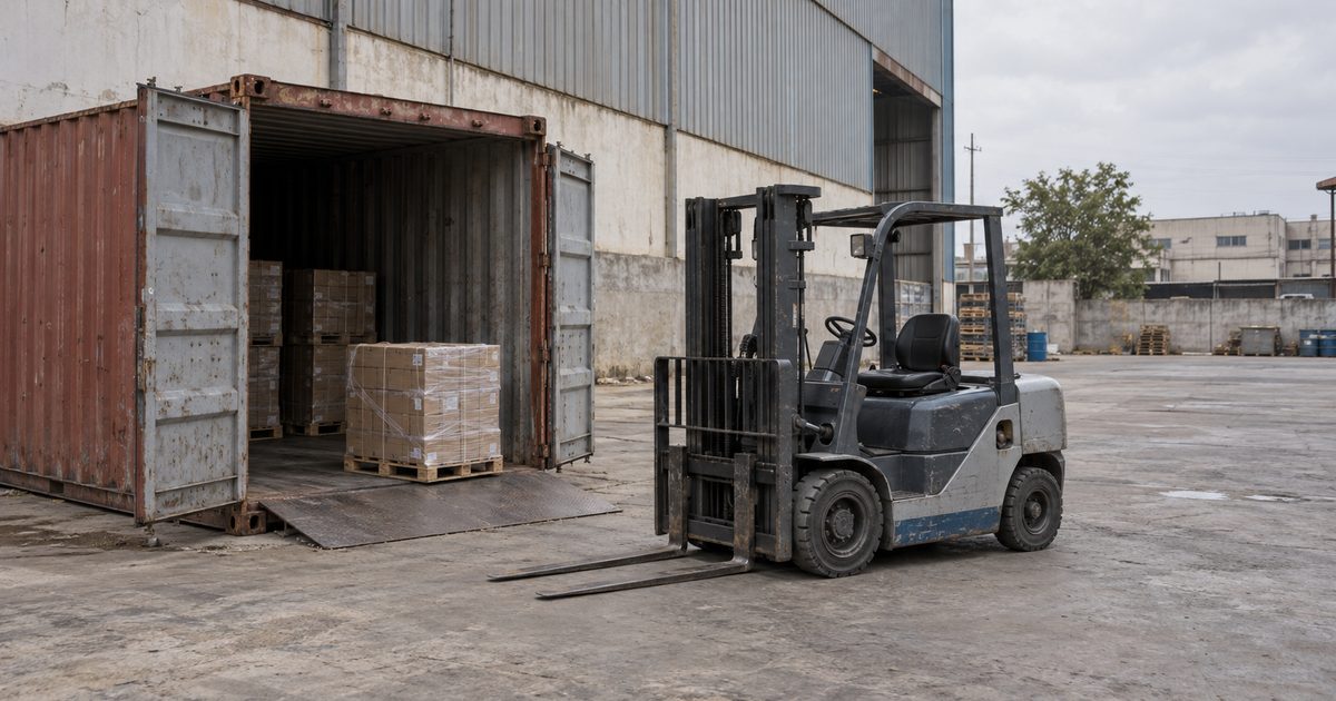 Grey forklift with empty forks parked beside an open shipping container holding wrapped pallets