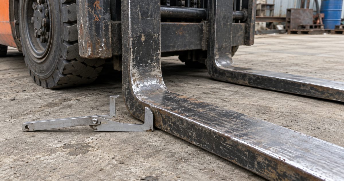 Steel fork wear gauge lying against the heel of a worn forklift fork on concrete