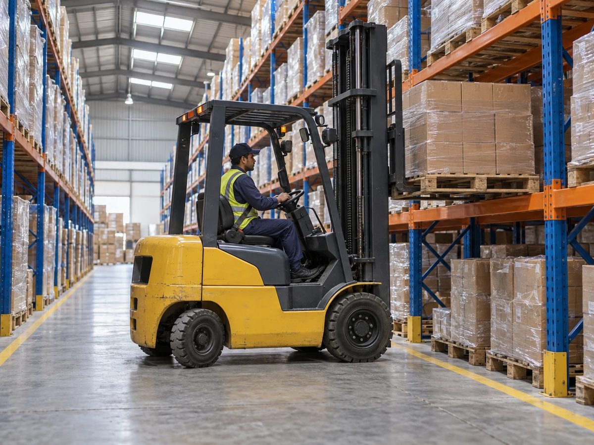 Illustration: a small forklift in a warehouse aisle, lifting a pallet of boxes onto a rack