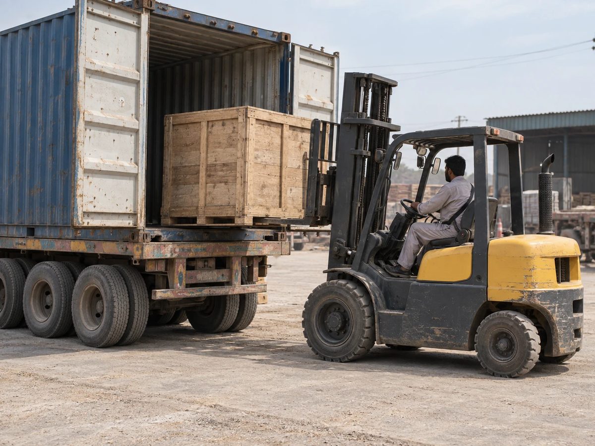 Illustration: a diesel forklift taking a heavy crate from a shipping container on a trailer