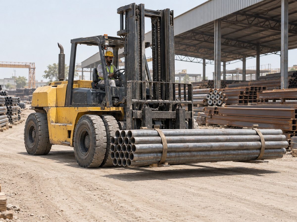 Illustration: a large forklift with twin front wheels carrying steel pipes low across a steel yard