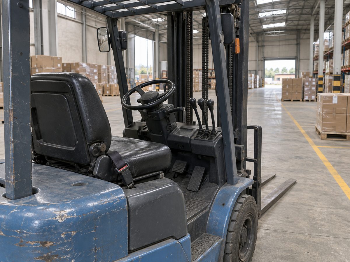Empty seat, steering wheel and levers of a blue forklift parked in a warehouse aisle