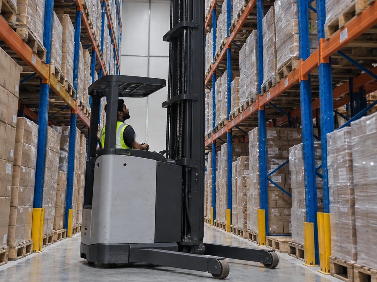 Illustration: an electric reach truck in a narrow warehouse aisle