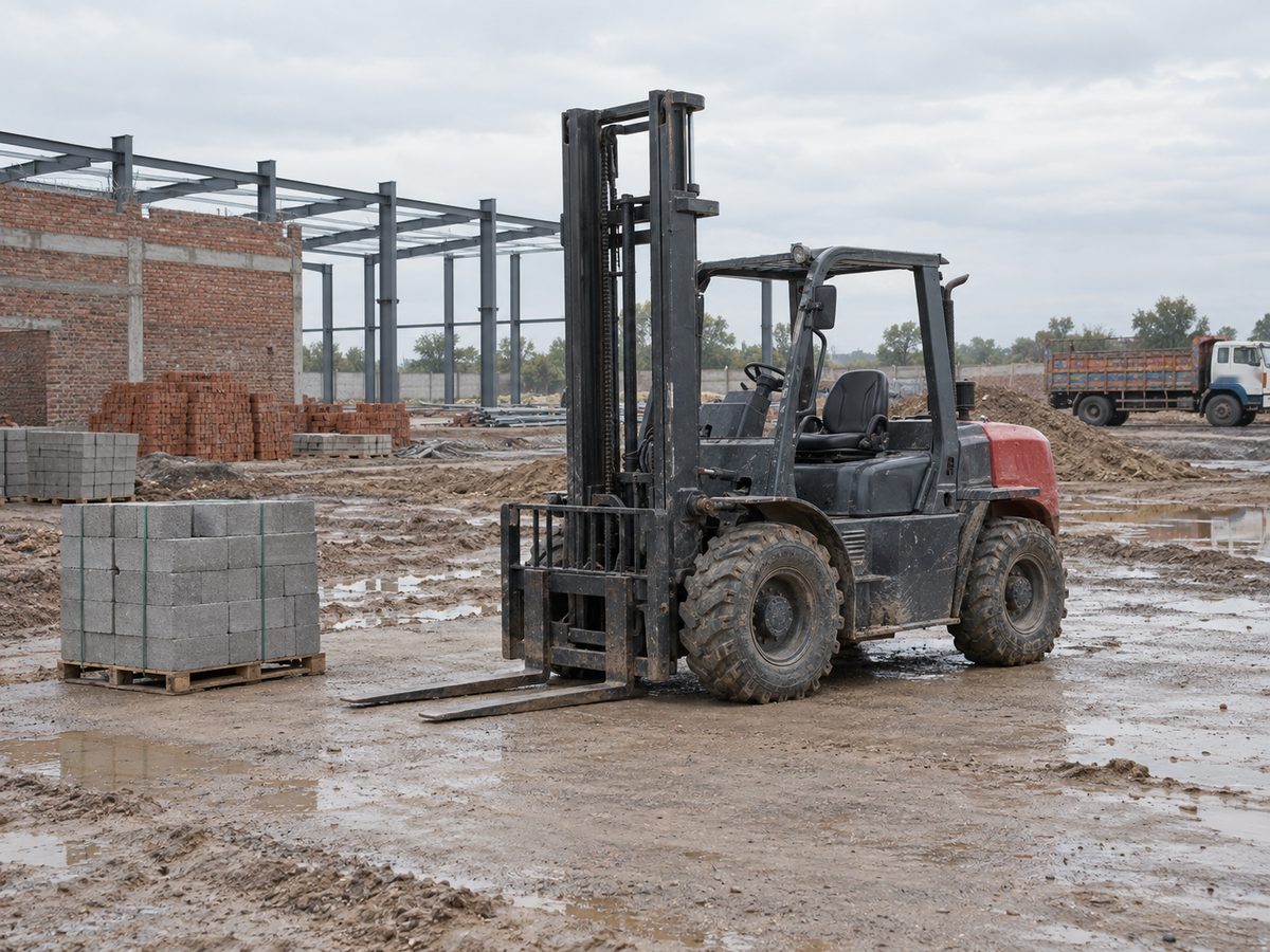 Dark grey rough-terrain forklift with a red counterweight parked beside strapped concrete blocks on a muddy site