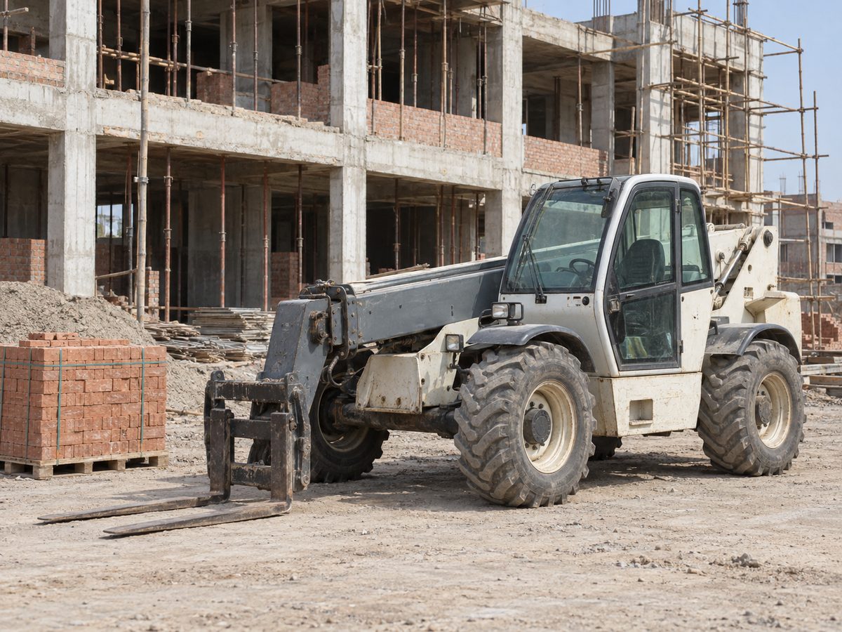 White telehandler with its boom lowered parked beside a building under construction