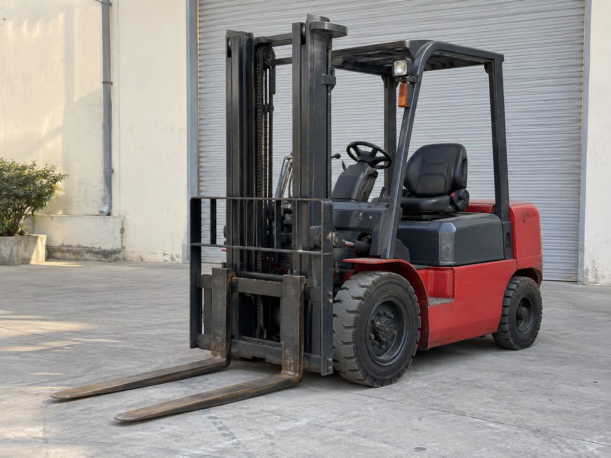 Used red forklift parked with forks lowered in front of a grey roller shutter