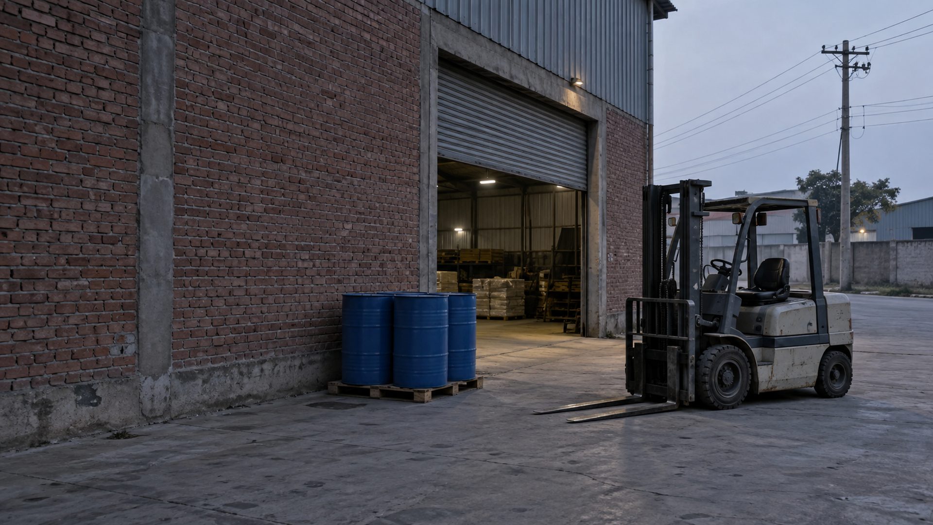 Light grey forklift parked outside an open brick warehouse near a pallet of blue drums