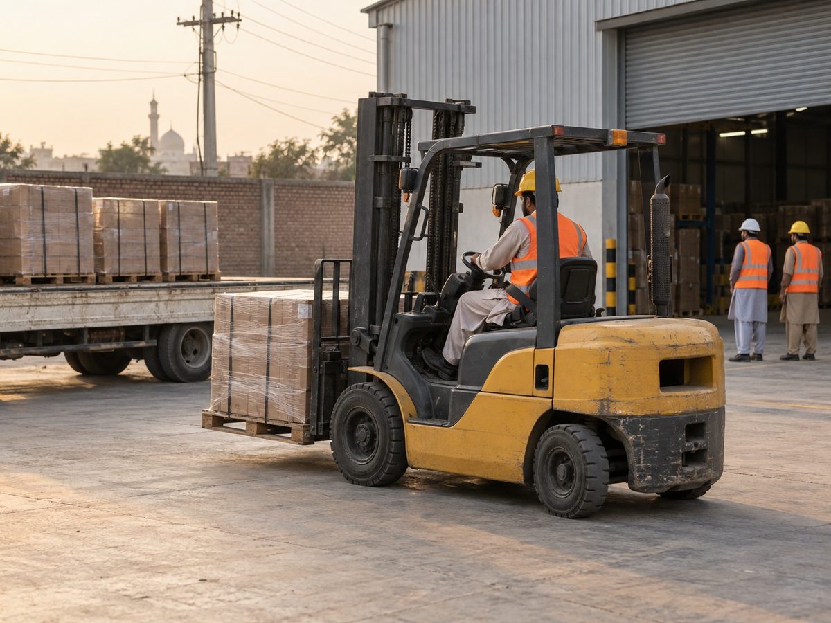 Illustration: a forklift unloading a truck at a warehouse
