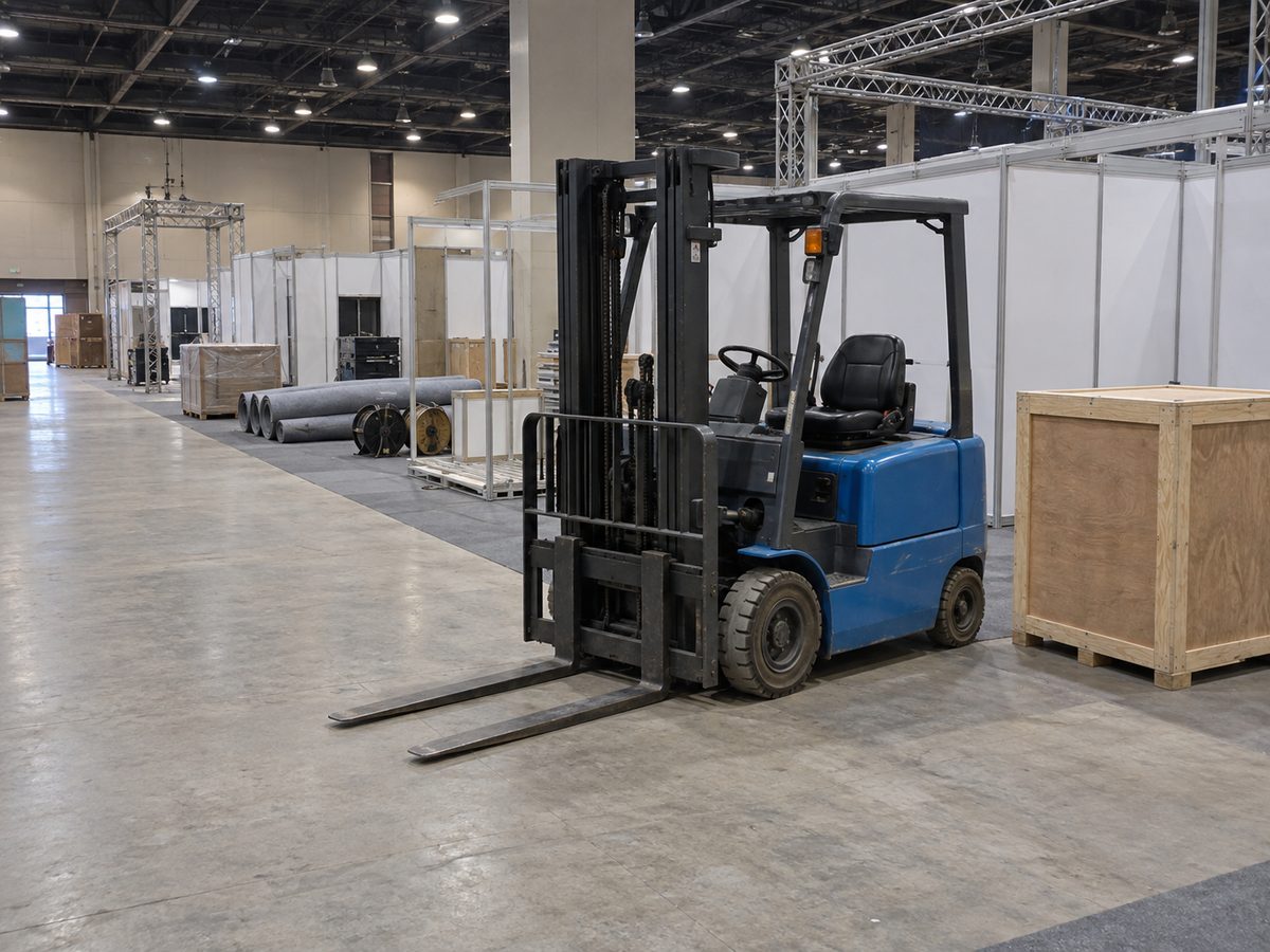 Blue electric forklift parked beside a plywood crate in an exhibition hall during stand build-up