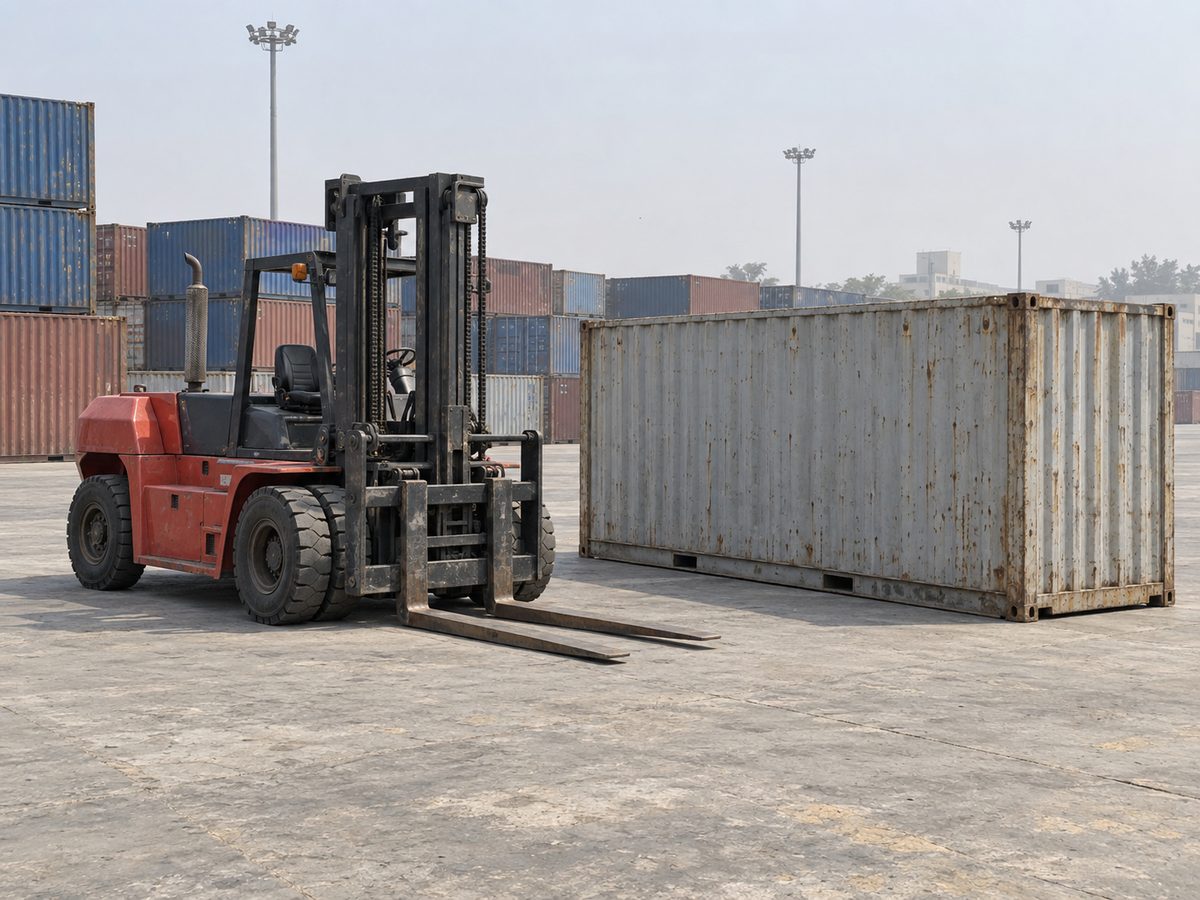 Red heavy forklift with twin front tyres parked beside a shipping container in a container yard