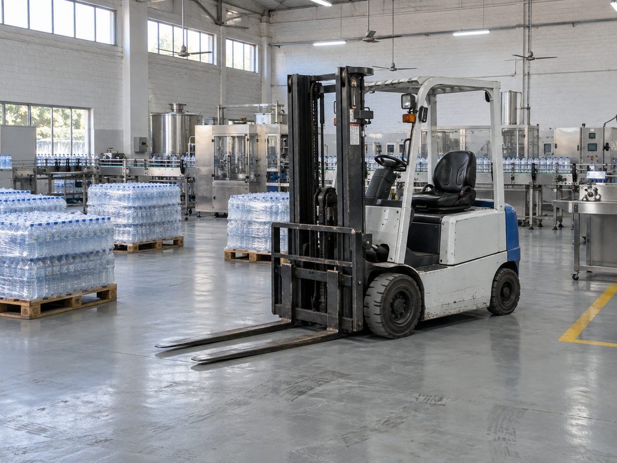 White electric forklift with blue counterweight parked near pallets of bottled water in a bottling plant