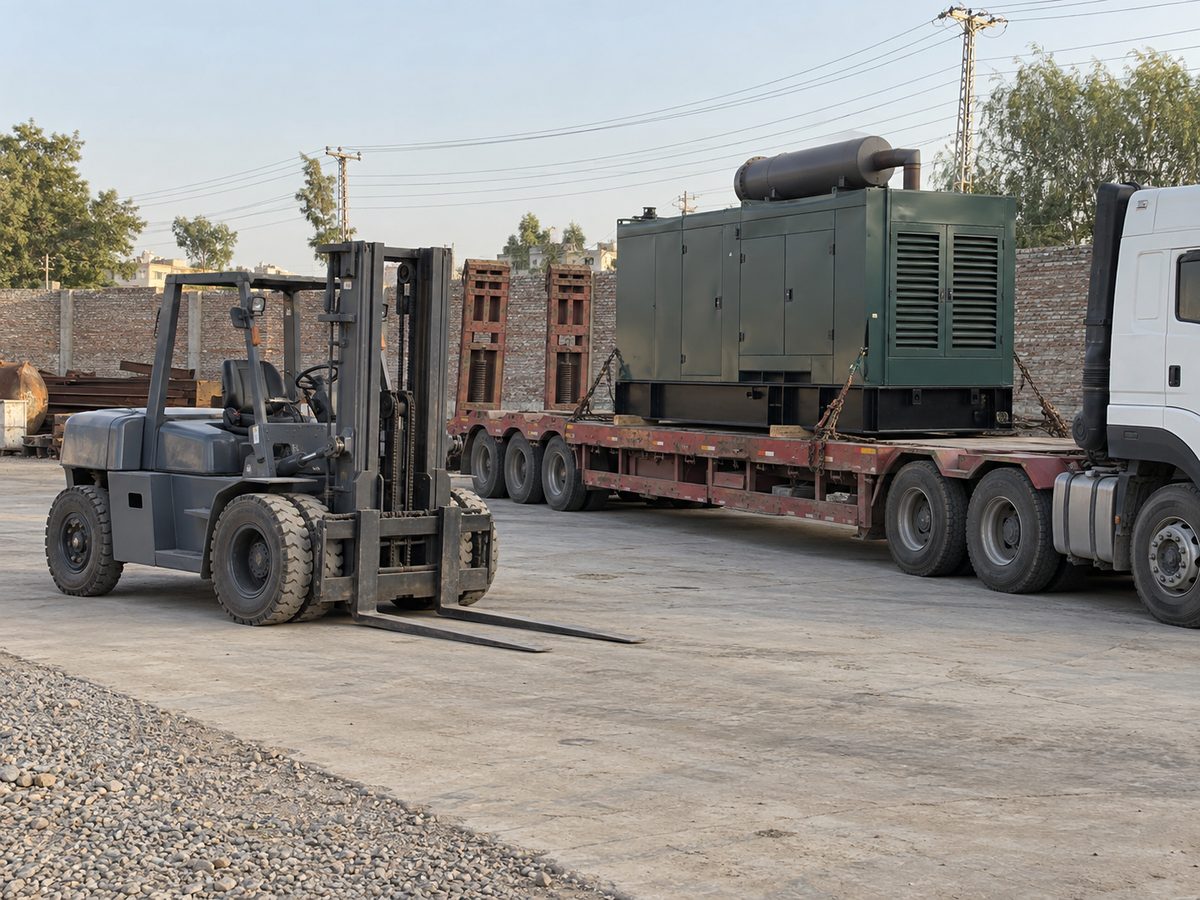 Grey heavy forklift parked beside a low-bed trailer carrying a green diesel generator in a yard
