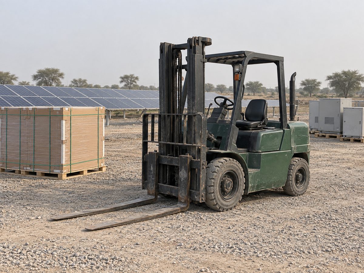 Dark green diesel forklift parked on gravel beside boxed solar panels at a solar farm