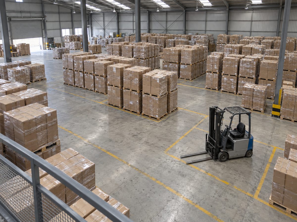 Parked grey and blue electric forklift among wrapped carton pallets in a warehouse, seen from above