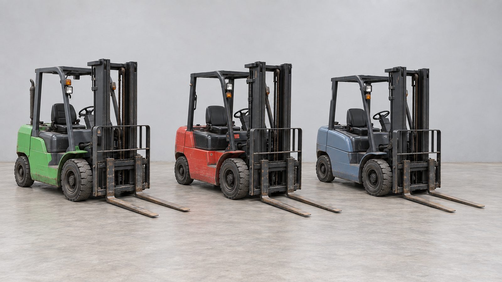 Three used forklifts in green, red and blue-grey parked side by side in a grey studio
