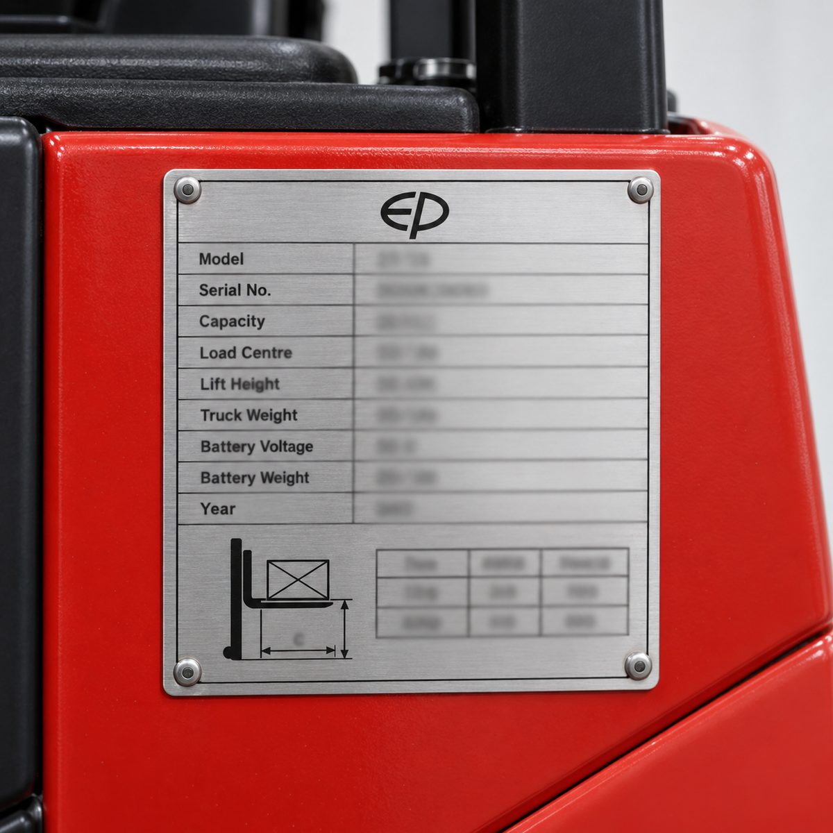 Close-up of a forklift data plate showing the EP logo, other details blurred out