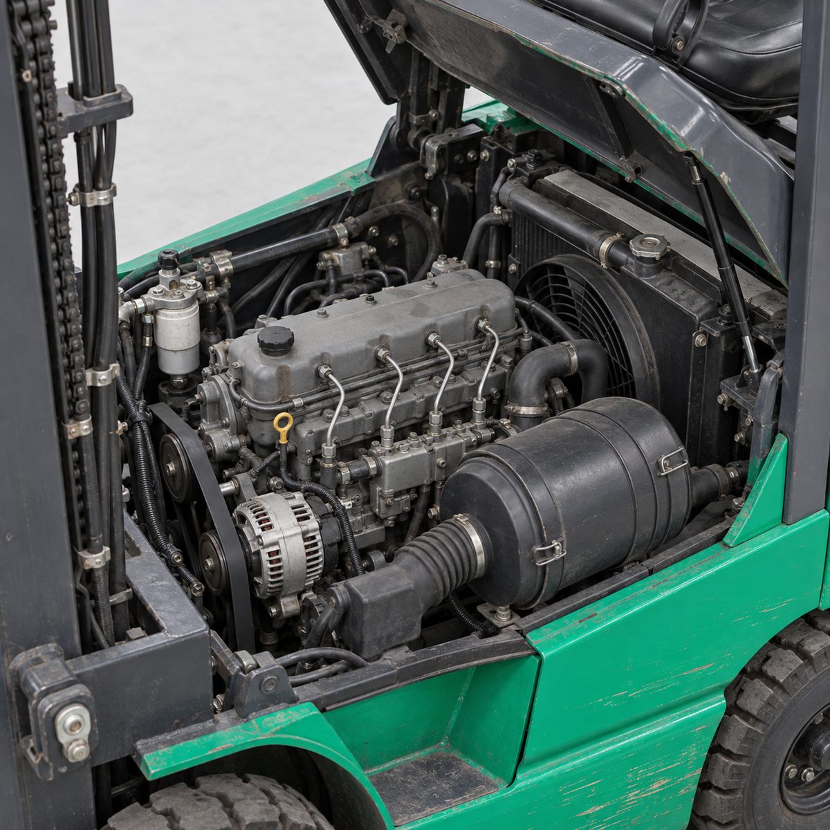 Diesel forklift engine bay with hood raised, green bodywork, radiator and empty seat
