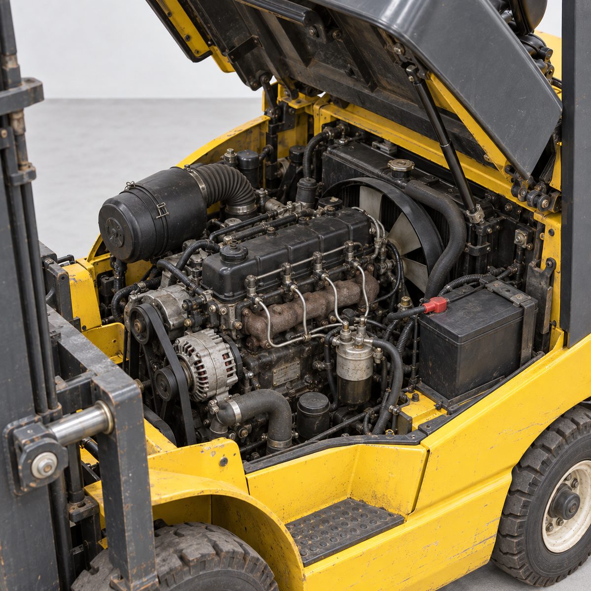 Diesel engine bay of a used yellow forklift with the seat hood lifted open
