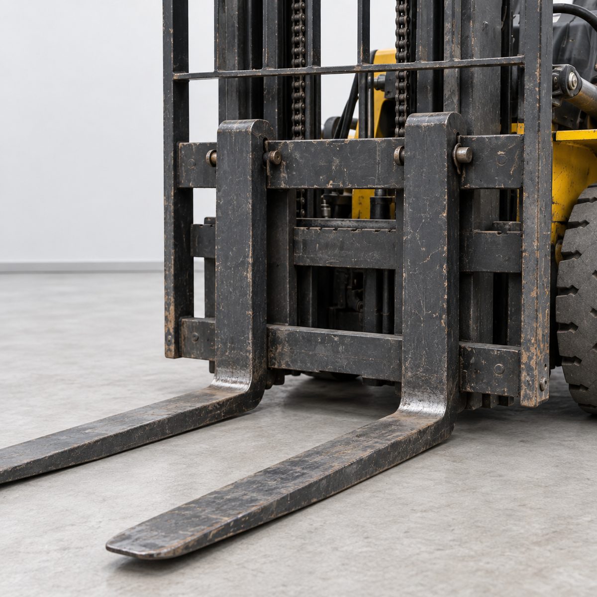 Two forks on the carriage of a used forklift, heels worn to bright steel