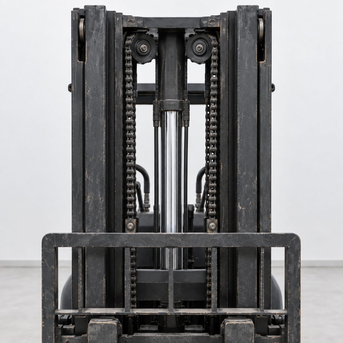 Black forklift mast with two lift chains over top pulleys and the carriage below