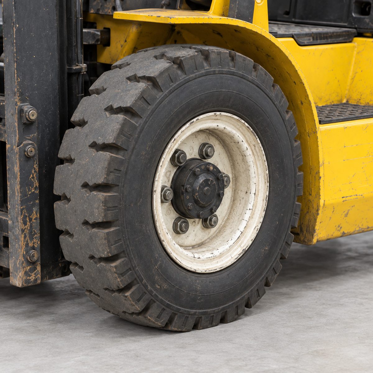Front drive tyre and off-white steel rim of a used yellow forklift