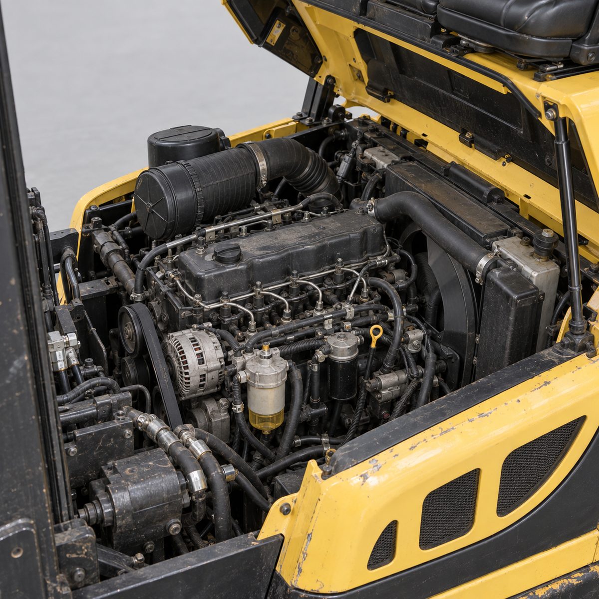 Diesel forklift engine bay with hood raised, showing engine, radiator and empty seat