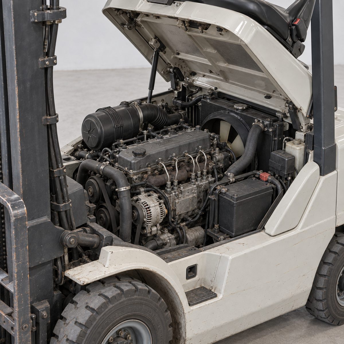 Diesel engine bay of a used Komatsu forklift with the hood lifted