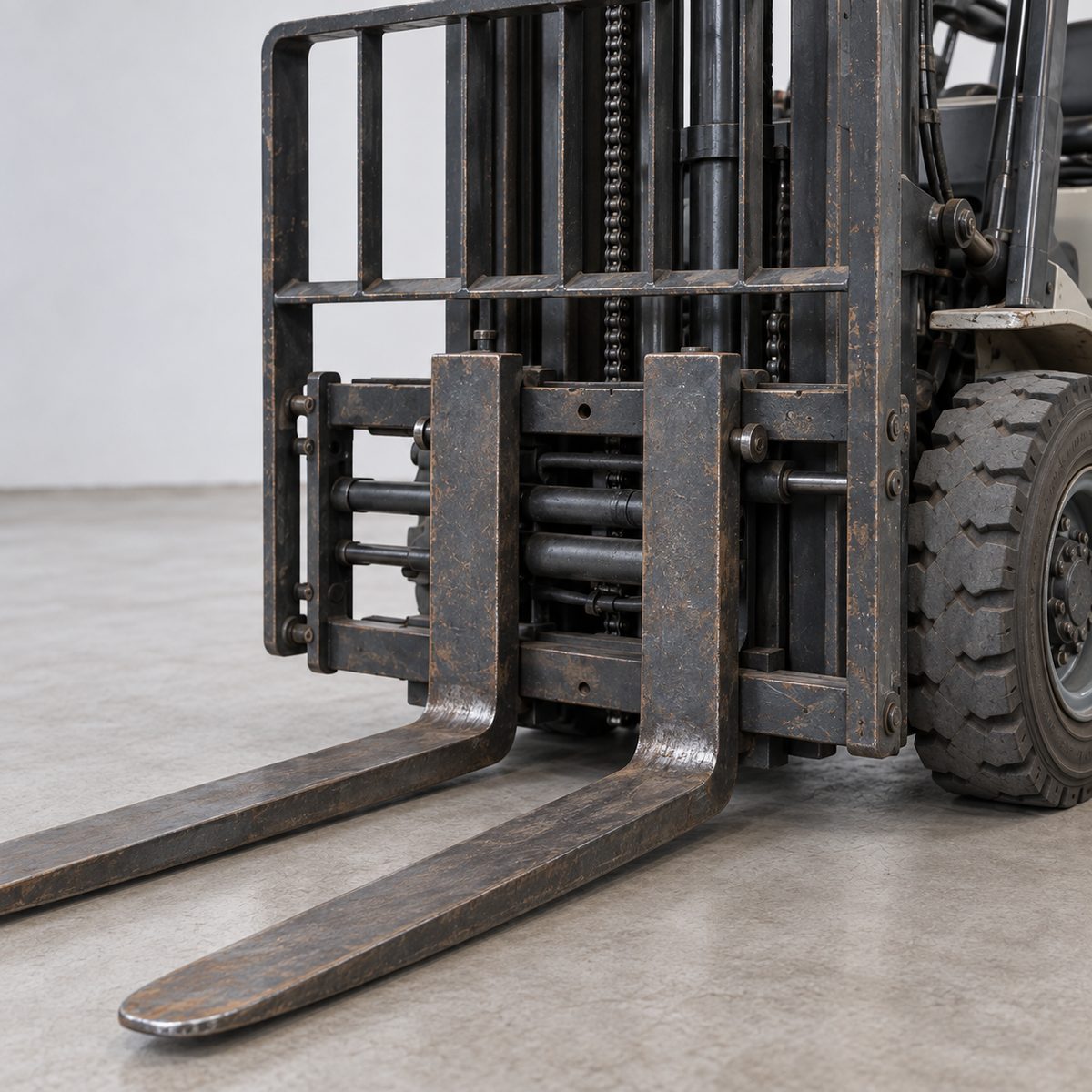Two forks and the carriage of a used Komatsu forklift, showing worn fork heels