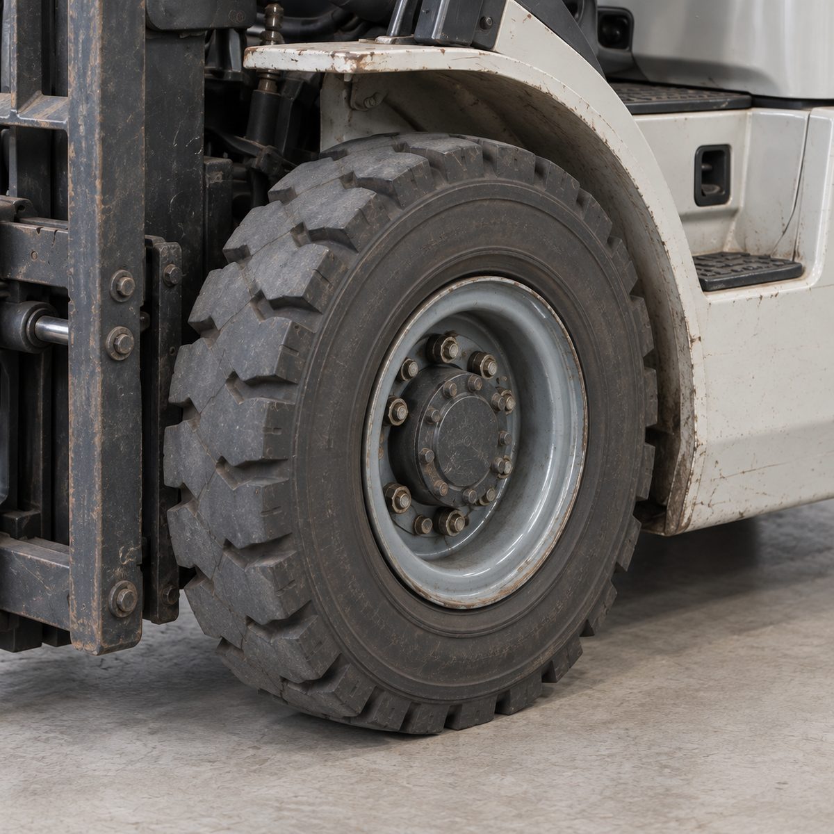 Front drive tyre and grey steel rim of a used Komatsu forklift