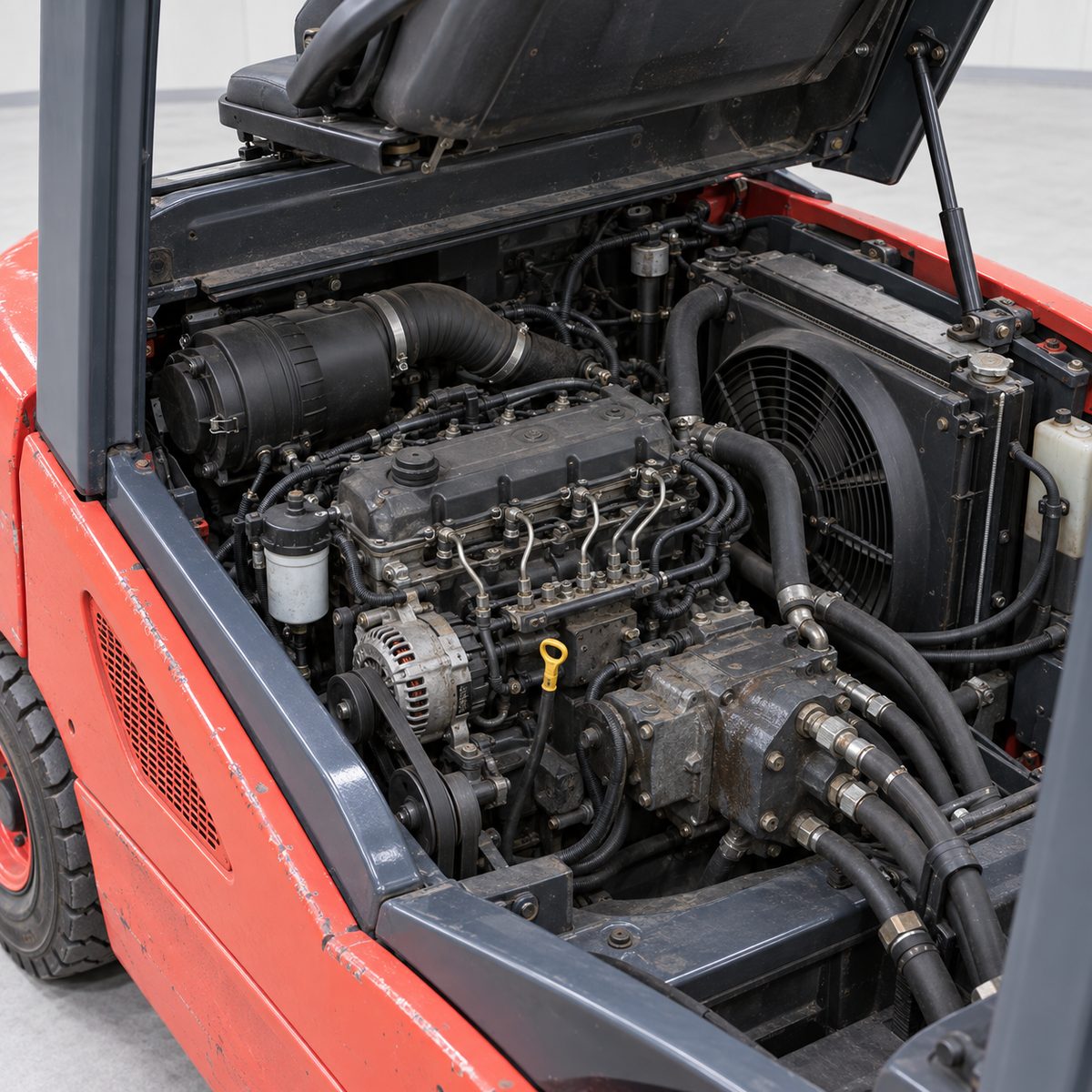 Diesel engine and hydraulic drive pump in the open bay of a red used forklift