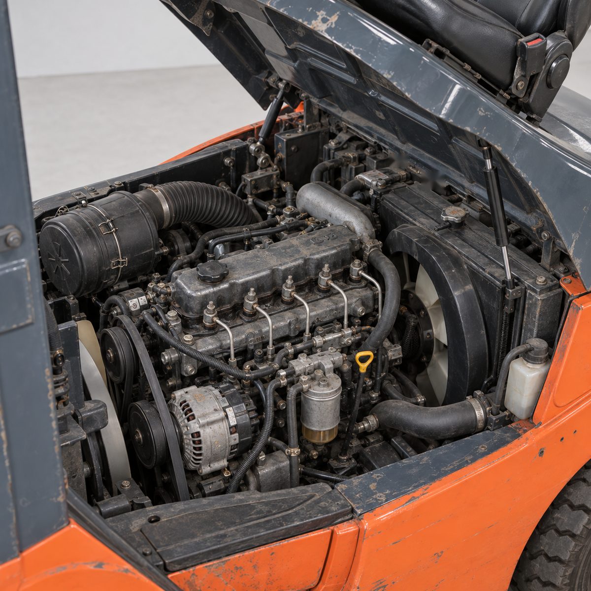 Open engine bay of a used orange and grey diesel forklift, seat and hood raised