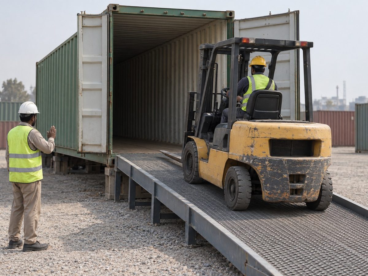 A used forklift with its mast lowered being driven up a steel ramp into a shipping container