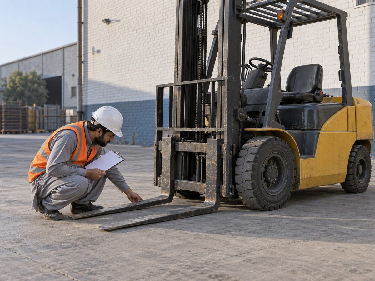 A forklift operator in a hard hat inspecting the forks of a parked forklift with a checklist in hand